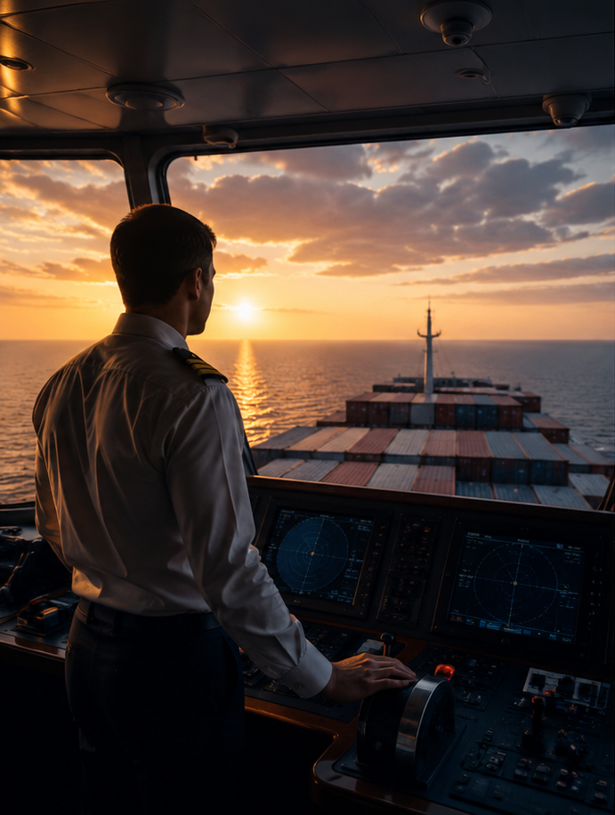 Sea Lane ship officer on the bridge at sunset